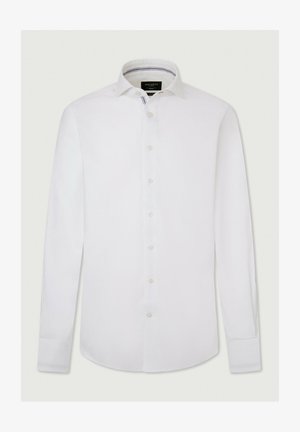 Bílá košile s dlouhým rukávem vyrobená z bavlny, která má design na knoflíky, klasický límec a jemně strukturovanou tkaninu s pruhovaným akcentem uvnitř límce.