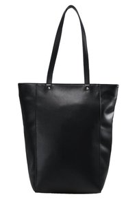 Czarna torba na ramię ze skóry, z dwoma uchwytami, gładką fakturą, przestronnym korpusem, minimalistycznym designem i srebrnymi akcentami metalowymi.