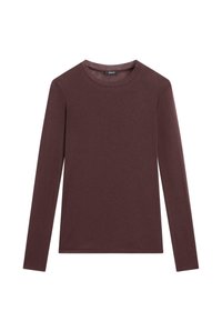 Langarmshirt aus dunklem Burgunderstoff, Crewneck-Design, einfarbige Textur, ohne sichtbare Muster oder Akzente.