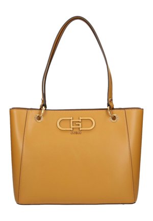 Brązowa torba na ramię z dwoma paskami i złotym logo GUESS na środku przodu.