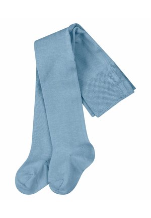 Collants bleu clair en matériau texturé, avec une finition lisse et un motif côtelé sur le corps, présentant des zones de renforcement au niveau des orteils et des talons.