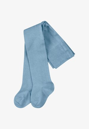 Himmelblaue Strumpfhosen aus strukturiertem Material, mit einer glatten Oberfläche und einem gerippten Muster am Körper, verstärkten Spitzen und Fersen.