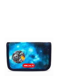 Blaue Stoffbleistiftetui mit einem raumthemenbezogenen Design, das Sterne und ein kreisförmiges Bild eines Raumschiffs zeigt, akzentuiert mit einem roten Logo.