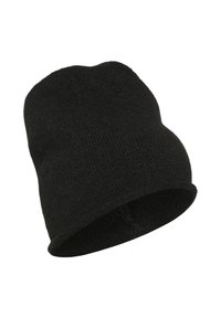 Gorro de punto negro con diseño cónico, textura suave y borde vuelto. Fabricado con material elástico y cálido para mayor comodidad.