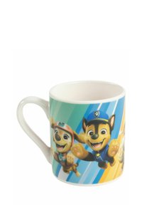 Tazza in ceramica con un manico bianco, caratterizzata da colorati personaggi di Paw Patrol su uno sfondo sfumato di strisce blu e arancioni.