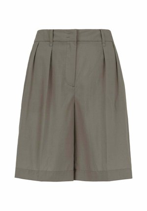 Khakikleurige shorts met hoge taille, plooien aan de voorkant, riemlussen en een verborgen knoop- en ritssluiting aan de voorkant.