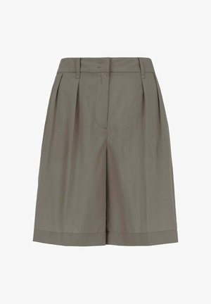 Shorts kaki a vita alta con pieghe frontali, passanti per cintura e chiusura anteriore con bottone nascosto e cerniera.