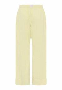 Lichtgele broek van textuurstof, met een elastische tailleband en opgerolde manchetten. Rechte snit zonder zichtbare zakken.