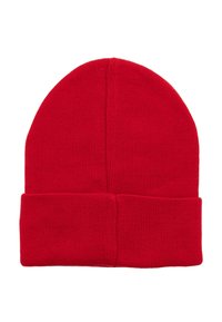 Czerwona wełniana czapka beanie z podwiniętym mankietem, wykonana z miękkiego, teksturowanego materiału. Posiada klasyczny, zaokrąglony wierzch oraz gładkie szwy.
