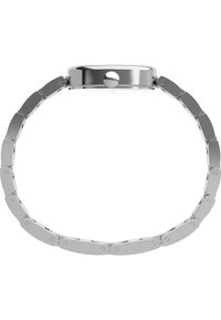 Hõbedane metallkell ümmarguse kell face'iga ja seotud käevõru disainiga. Lingid on poleeritud sileda tekstuuriga ja nähtava riistvaraga.