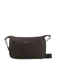 Dark brown leather crossbody bag with textured finish, silver hardware, and a navy fabric strap featuring a logo on the side.