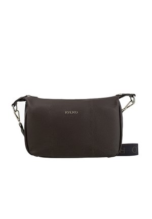 Dark brown leather crossbody bag with textured finish, silver hardware, and a navy fabric strap featuring a logo on the side.