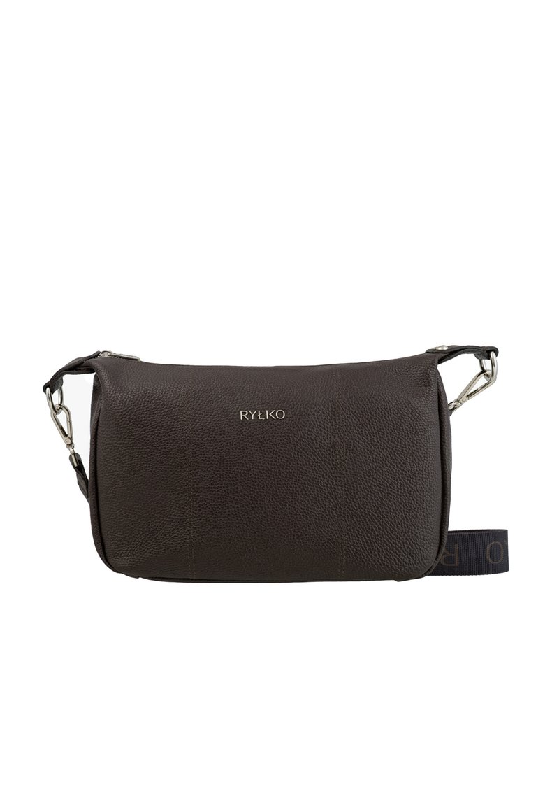 Dark brown leather crossbody bag with textured finish, silver hardware, and a navy fabric strap featuring a logo on the side.