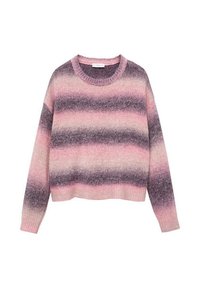 Suéter a rayas en rosa y morado con cuello redondo, textura suave y puños acanalados. El diseño presenta colores degradados y un corte relajado.
