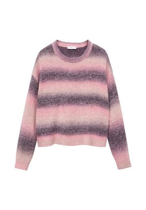 Pulover cu dungi roz și mov, cu guler rotund, textură moale și manșete cu nervuri. Designul prezintă culori gradient și o croială lejeră.