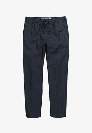 Mørkeblå afslappede herrebukser med elastik i taljen, snøre og sidelommer.