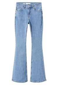 Jean en denim bleu clair avec une taille mi-haute et des jambes évasées, équipé de poches avant et arrière ainsi que d'une fermeture à bouton.
