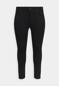 Vaqueros skinny negros hechos de una tela elástica, con bolsillos delanteros, cierre de botón y un diseño elegante sin patrones ni adornos visibles.