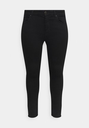 Black skinny jeans made from a stretch fabric, featuring front pockets, a button closure, and sleek design with no visible patterns or embellishments.