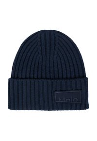 Berretto lavorato a maglia blu navy con una texture a costine e un risvolto, dotato di un'etichetta scura con la scritta "Molo" in rilievo.