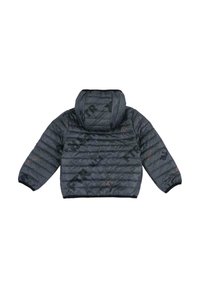 Grå dunjakke med hætte, med et quiltet design og trykte accenter i blå og orange. Elastiske manchetter og kant fuldender looket.