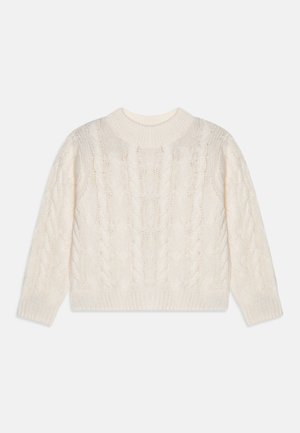 Κρεμ πουλόβερ με πλεξούδα. Διαθέτει στρογγυλή λαιμόκοψη, μακριά μανίκια και υφή σε όλη την επιφάνεια. Ραμμένοι πάτοι και στρίφωμα.