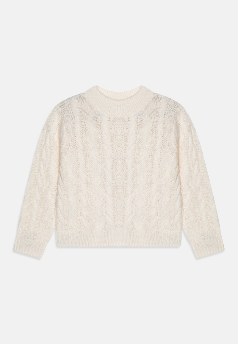 Kabelių megztinis kreminės spalvos. Su apvali apykakle, ilgomis rankovėmis ir tekstūruotu raštu visame megztinyje. Banguoti rankogaliai ir apačia.