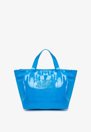 Borsa tote blu lucida con due manici, caratterizzata dal logo SUNDEK e da un motivo ondulato in rilievo sulla parte anteriore. Chiusura con zip.