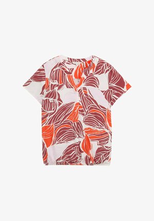 Korte mouwen blouse van lichte stof met een bloemenpatroon in rood, oranje en paars. V-halslijn met subtiele plooien.