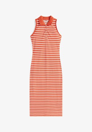 Gestreepte polo-jurk met oranje en crème horizontale strepen, mouwloos ontwerp, knoopsluiting en een kraag aan de halslijn. Glad stoftextuur.