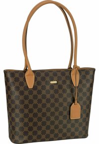 Brown tote bag with a geometric pattern, tan leather handles and accents, rectangular shape, and a tag attached to the side.
