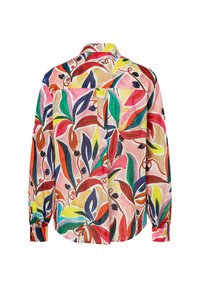 Bunt gemustertes Langarmhemd mit floralem Design in Rot, Grün, Blau und Gelb auf pinkem Hintergrund, mit lockerem Schnitt und Knopfabschluss an den Ärmeln.