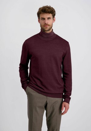 Burgunderfarbener Rollkragenpullover aus weichem Strickstoff, mit langen Ärmeln und tailliertem Design, kombiniert mit hellbraunen Hosen.