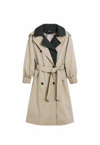 Manteau beige avec un col noir, design croisé, taille à nouer et manches bouffantes. Présente de grands boutons noirs et une boucle de ceinture.