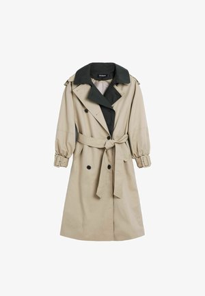 Beige Trenchcoat mit schwarzem Kragen, doppelter Knopfleiste, taillierter Taille und Puffärmeln. Mit großen schwarzen Knöpfen und einer Gürtelschnalle ausgestattet.
