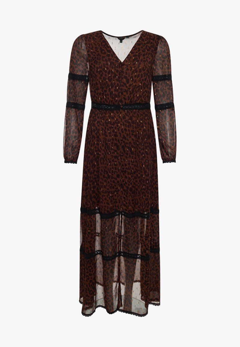 Robe maxi imprimé léopard marron avec manches longues transparentes, détails en dentelle, encolure en V, et design à couches. Comprend des détails scintillants sur toute la surface.
