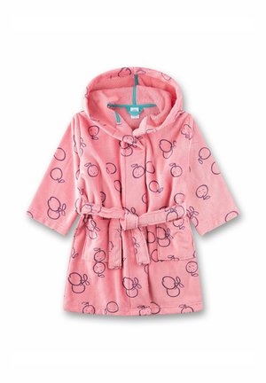 Accappatoio rosa con cappuccio realizzato in morbido tessuto, dotato di cintura in vita e decorato con un motivo ripetuto di frutti viola.