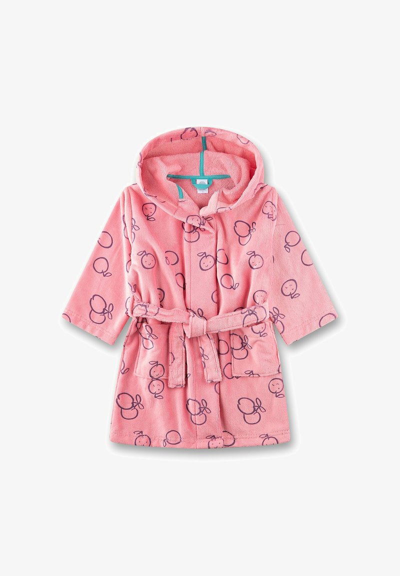 Rosa Kapuzenschlafanzug aus weichem Stoff, mit einem Gurt in der Taille und wiederkehrenden lila Obstmustern im gesamten Design.