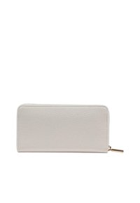 Portefeuille en cuir gris clair à finition texturée, de forme rectangulaire, avec un détail de fermeture éclair en métal doré. Bords lisses et nets avec un design minimaliste.