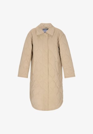 Bež jakna s kvadratičnim uzorkom, s kragnom, dugim rukavima i bočnim džepovima. Ima teksturirani uzorak i ravni donji rub.