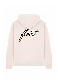 Felpa grigia chiara con la scritta "float" ricamata in corsivo nero sul retro. Presenta un cappuccio con cordino e polsini e orlo a costine.