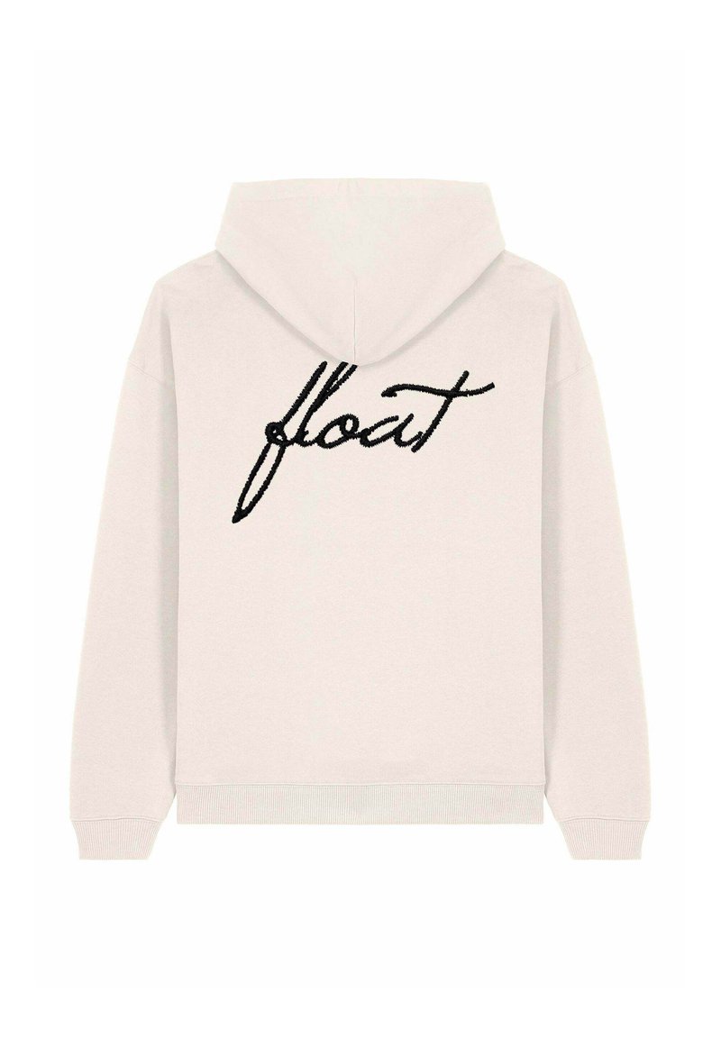 Felpa grigia chiara con la scritta "float" ricamata in corsivo nero sul retro. Presenta un cappuccio con cordino e polsini e orlo a costine.