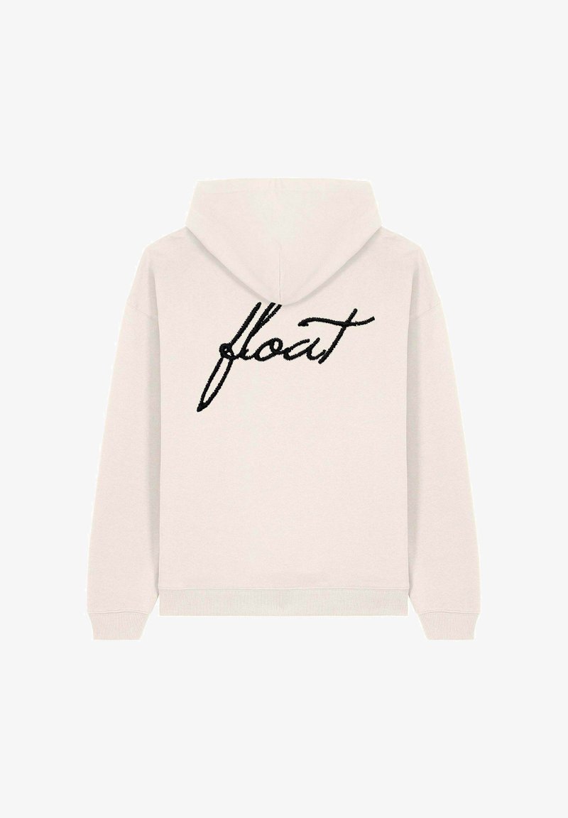 Lichtgrijze hoodie met een zwart cursief "float" geborduurd op de achterkant. Voorzien van een capuchon met trekkoord en ribbelboorden aan de mouwen en onderkant.