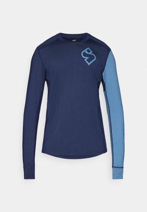 Marineblå langermet skjorte med lys blå erme og logo. laget av glatt, elastisk stoff, med kontrastsømmer og avrundet hem.