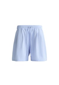 Shorts rayés bleu clair en tissu doux, dotés d'une taille élastique avec cordon de serrage et de poches latérales. Coupe droite et longueur genoux.