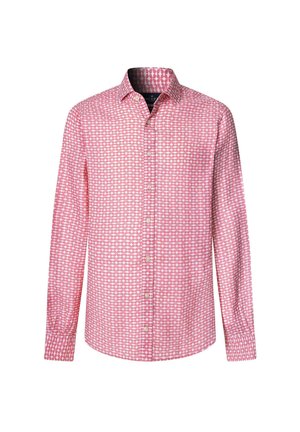 Pitkähihaista napitettua paitaa, joka on valmistettu kevyestä kankaasta, jossa on vaaleanpunainen ja valkoinen geometrinen kuvio, klassinen kaulus ja pyöristetyt hihansuut.