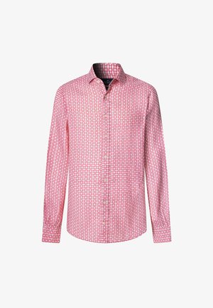 Langærmet skjorte med knapper lavet af let stof, med et pink og hvidt geometrisk mønster, klassisk krave og rundet manchet.