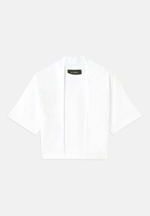 White short-sleeve open-front cardigan with a round neck neckline and a visible black label inside the collar.