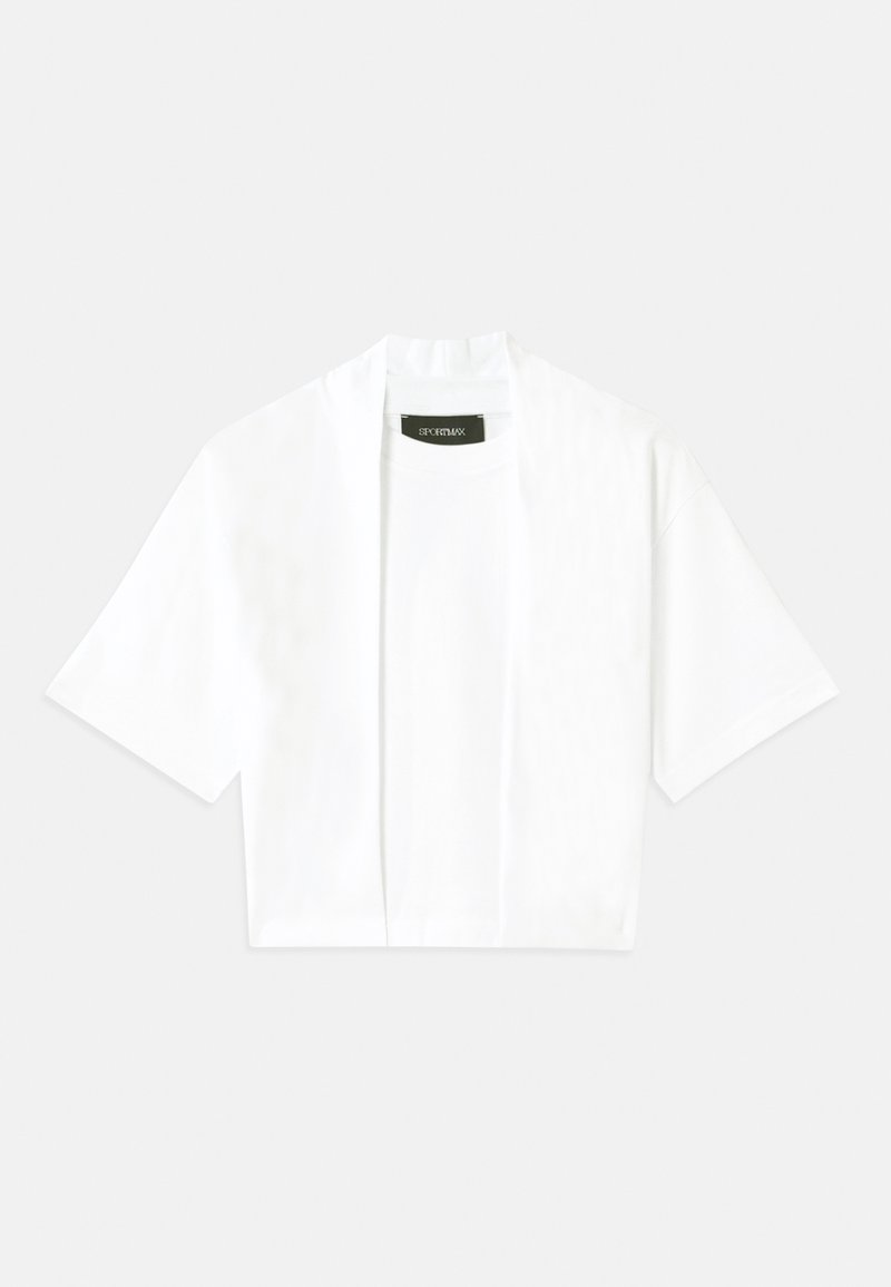 Cardigan bianco a maniche corte con apertura frontale, colletto rotondo e un'etichetta nera visibile all'interno del colletto.