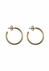 Pendientes de aro dorados con un diseño redondeado y suave, que presentan un cierre seguro y un acabado metálico brillante.